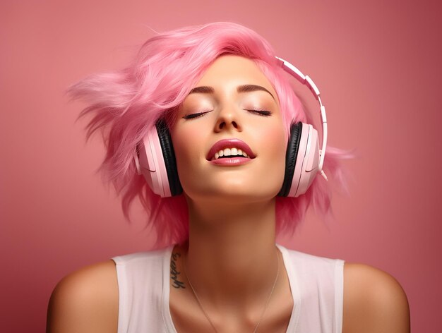 A girl with pink hair is listening to music in headphones on a pink background pink trend