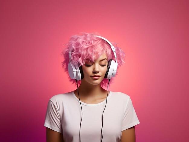 A girl with pink hair is listening to music in headphones on a pink background pink trend