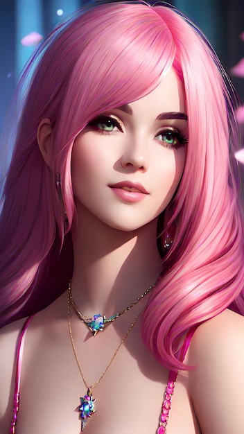 A girl with pink hair and a necklace with a blue diamond on it