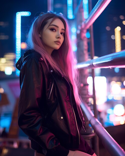 Girl with pink hair at night posing on rail