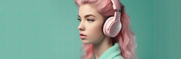 Girl with pink hair and pink headphones on turquoise background