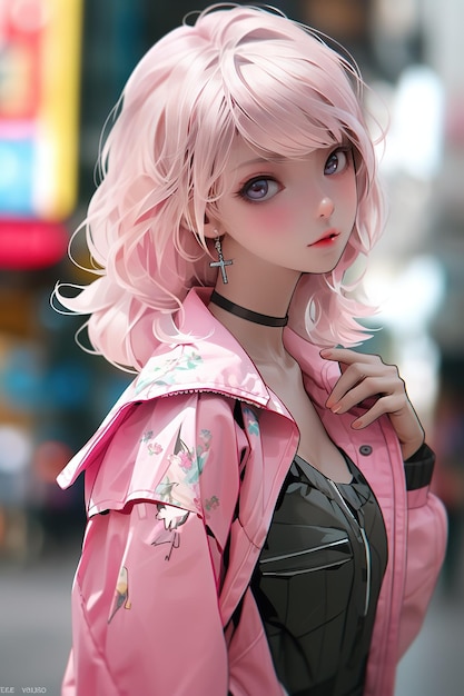 A girl with pink hair and a pink jacket