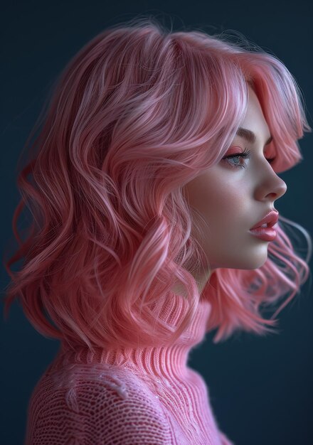 Девушка с розовыми волосами, розовыми губами и розовым свитером.