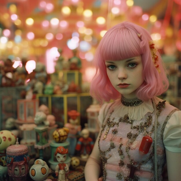 A girl with pink hair and a pink shirt is standing in front of a display of toys.