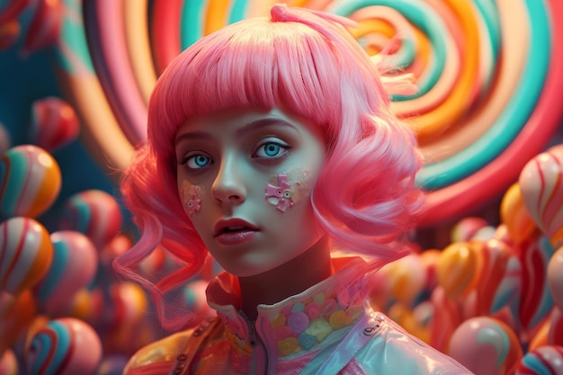 A girl with pink hair and a pink wig stands in front of a colorful rainbow swirl.