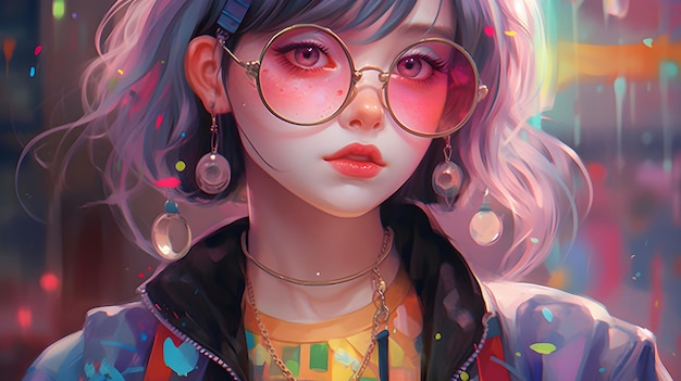 A girl with pink hair and round glasses