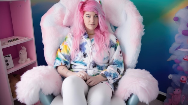 A girl with pink hair sits in a chair.