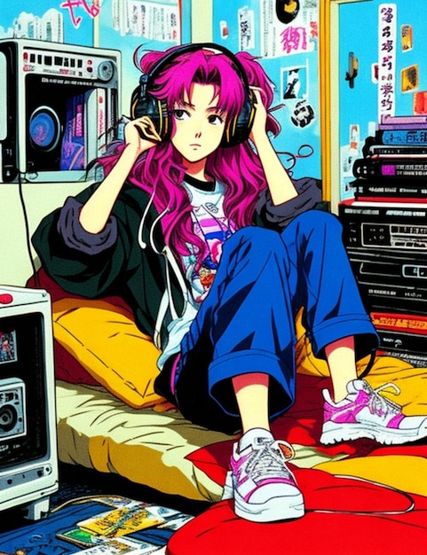 Photo a girl with pink hair sits on a yellow blanket with other electronic devices.