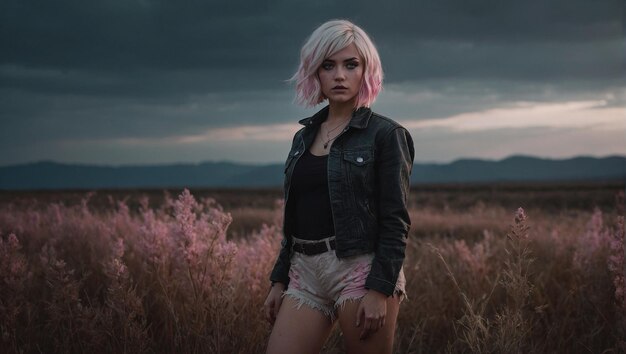 a girl with pink hair stands in a field with a sky background