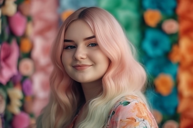 A girl with pink hair stands in front of a wall of flowers.