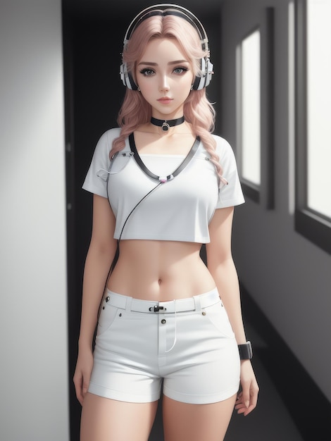 A girl with pink hair and a white top with a pair of headphones on her chest stands in a dark room.