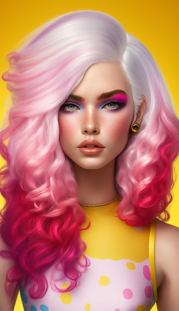 A girl with pink hair and a yellow dress