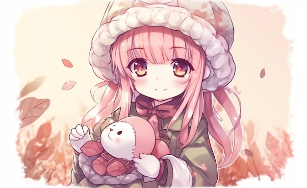 A girl with a pink hat and a pink hat holds a teddy bear.