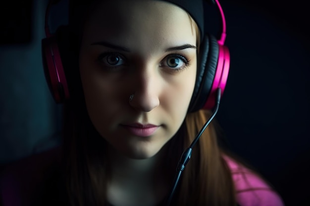 A girl with a pink headphone in front of her face