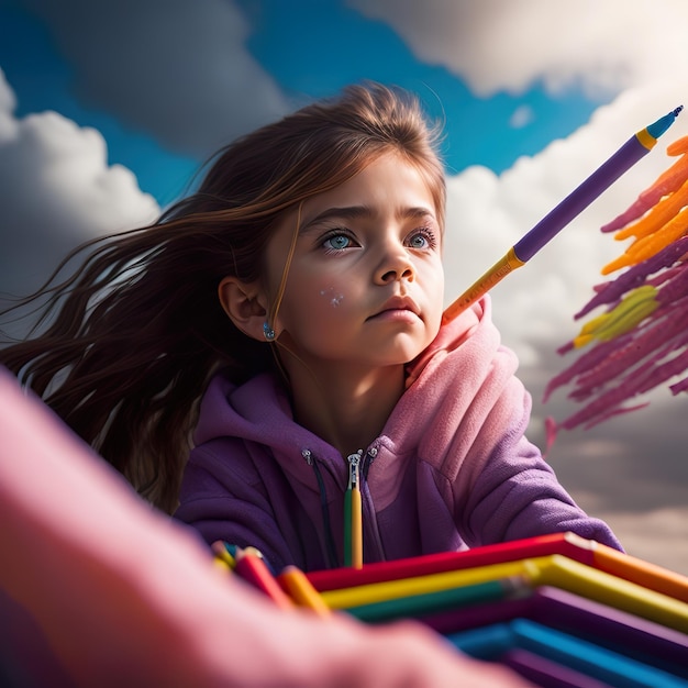 A girl with a pink hoodie and a purple sweatshirt is holding a bunch of colorful straws.