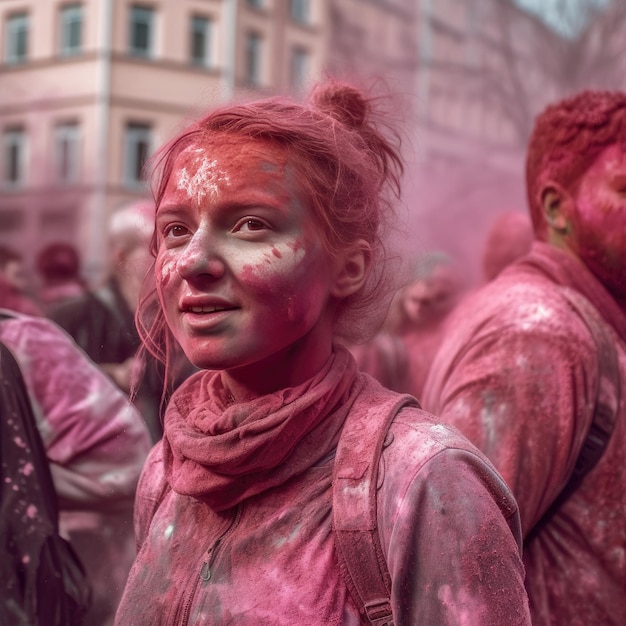 A girl with pink paint on her face is covered in paint.