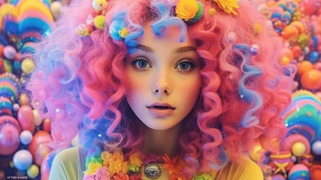 A girl with a pink wig and a rainbow hair.