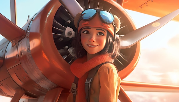 A girl with a plane on the background