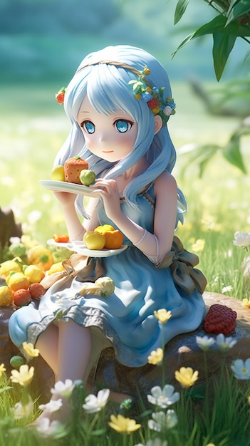A girl with a plate of food sits on a rock in a field.