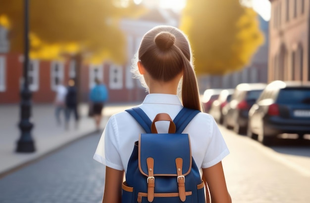 A girl with a ponytail and a backpack behind her back goes to school rear view Getting an education