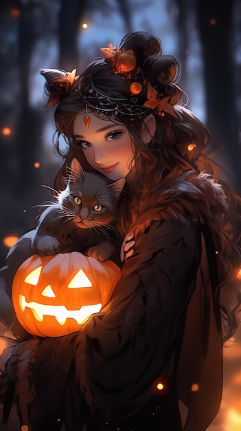 a girl with a pumpkin and a cat