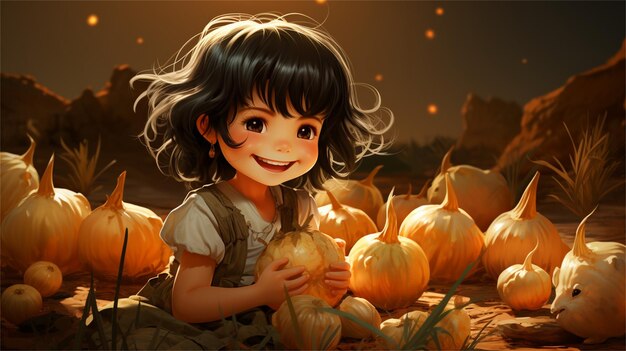 A girl with a pumpkin and pumpkins