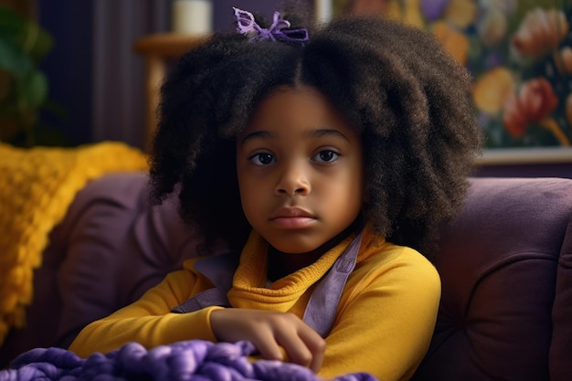 A girl with a purple bow sits on a couch