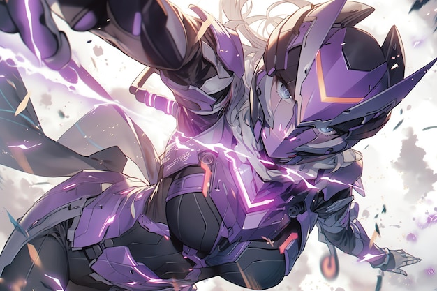 A girl with purple energy and sparks behind it