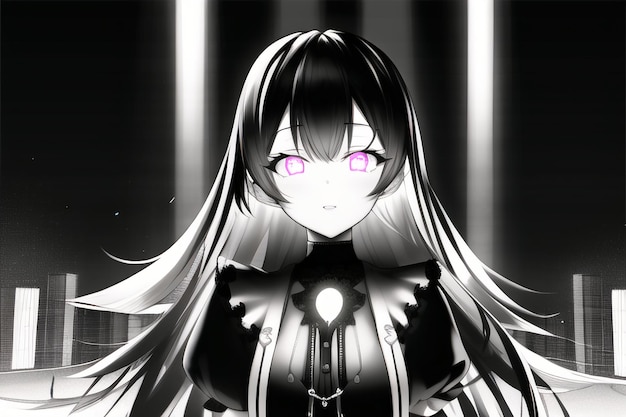 Premium AI Image  A black and white anime girl with purple eyes