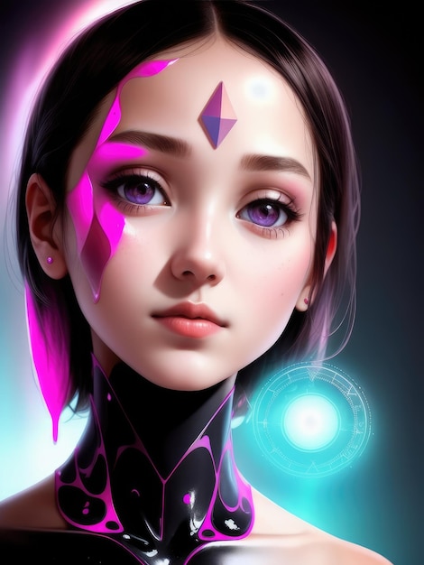 A girl with purple eyes and a glowing circle on her face