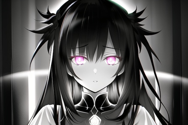 Premium AI Image  A black and white anime girl with purple eyes