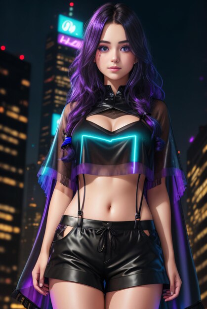 A girl with purple hair and black pants stands in front of a cityscape.