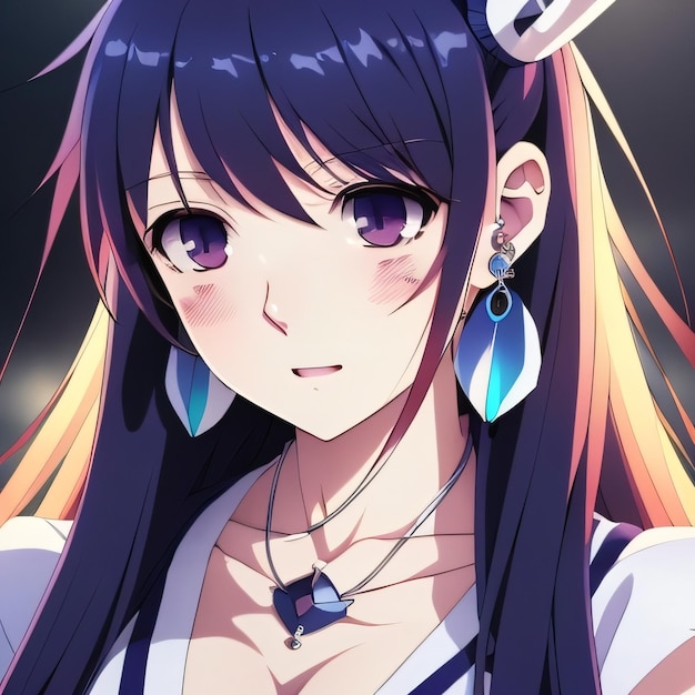 A girl with purple hair and blue eyes is wearing a white shirt and blue earrings.