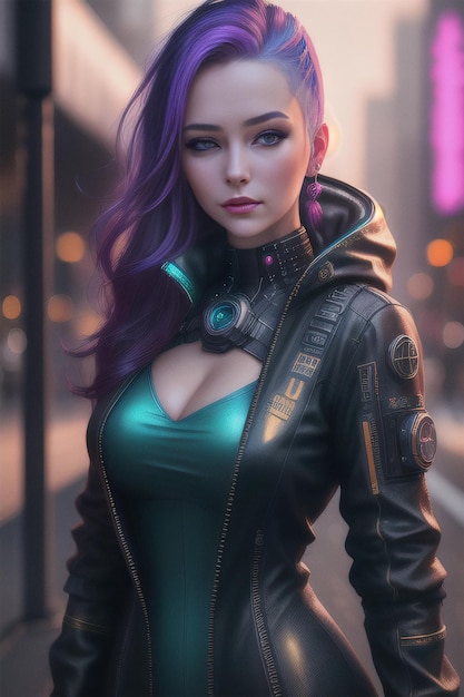 A girl with purple hair and a green jacket