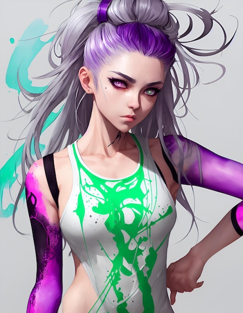 A girl with purple hair and a green and white top that says " the word " on it.