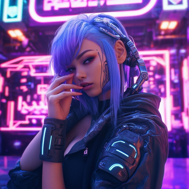 A girl with purple hair and a neon sign that says