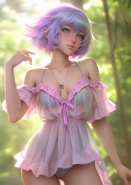 A girl with purple hair in a pink dress