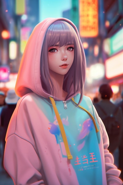 Girl with purple hair and a pink hoodie