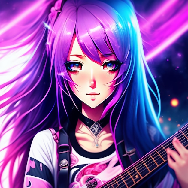 A girl with purple hair and purple hair playing a guitar