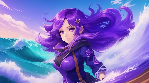 A girl with purple hair and a purple top is standing in front of a wave by Generative AI