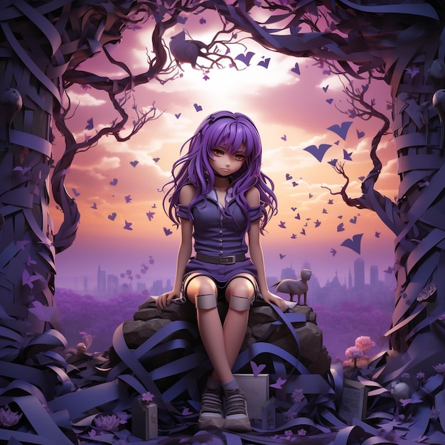 A girl with purple hair sits on a bench with a purple sky in the background.