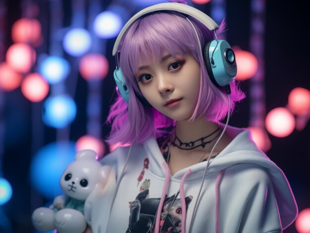 A girl with purple hair wearing headphones and holding a teddy bear