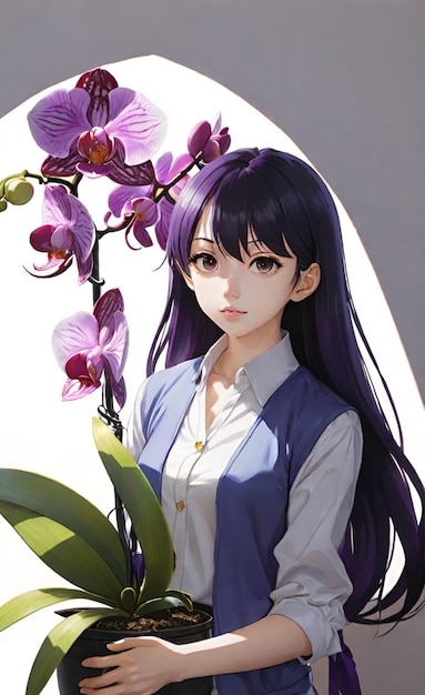 a girl with purple hair and a white shirt with a flower in the background