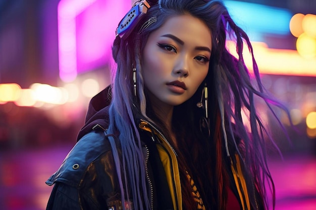 a girl with purple hair and a yellow scarf is standing in front of a neon sign that says "