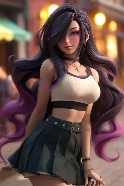 A girl with purple and white hair in a skirt