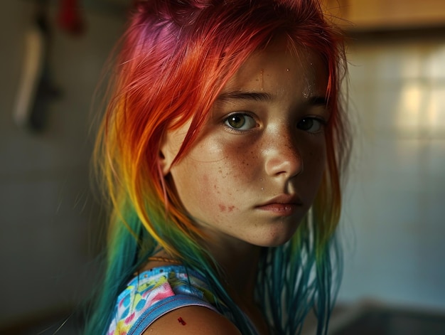 A girl with rainbow colored hair