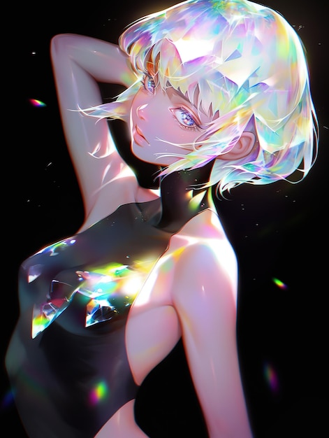 A girl with a rainbow hair and a black top