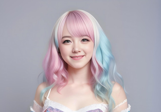 a girl with rainbow hair and a pink and blue hair