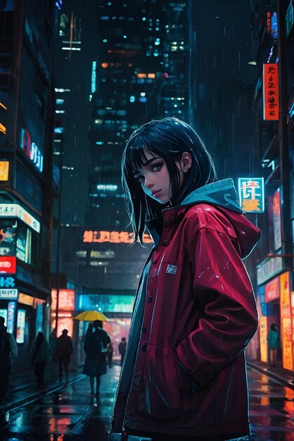 A girl with a raincoat in the rainy street at night