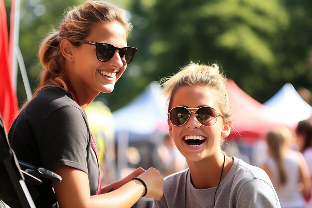 Girl with rayban style glasses and girl with aviator style glasses smiling